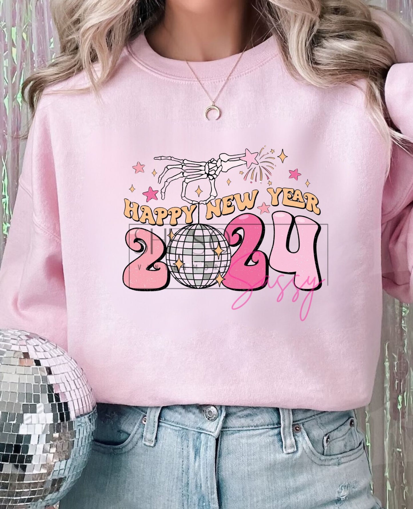 Happy New Year 2024-Disco ball skeleton hand