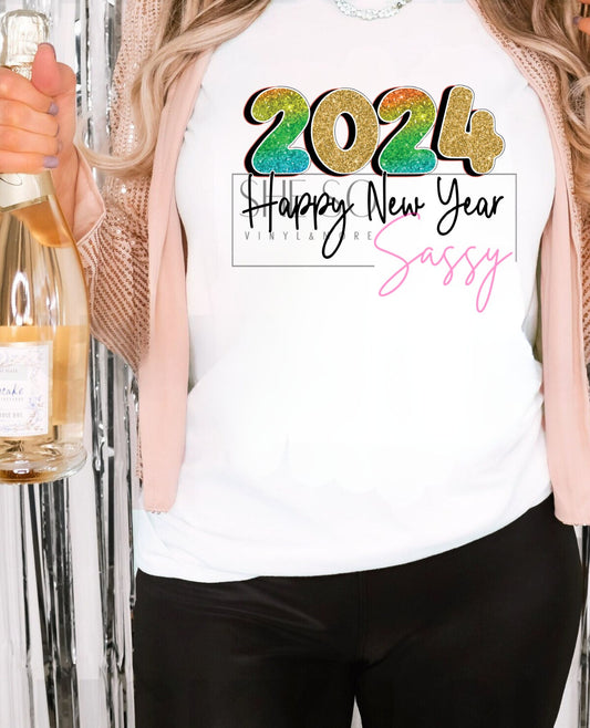 Happy New Year 2024-gold green glitter